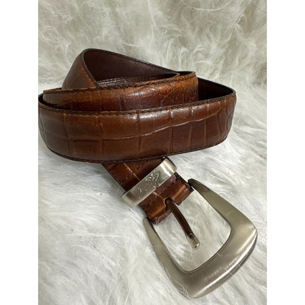 Greg Norman Brown Croc Embossed Leather Belt Silver Shark Logo Buckle Mens 37-40